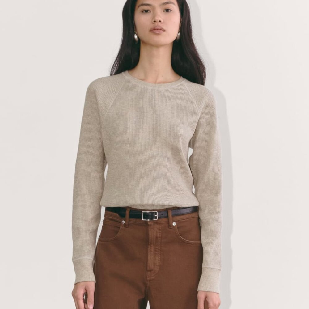 Everlane Waffle Crew Neck in Oatmeal Heather, Size Large, Cotton